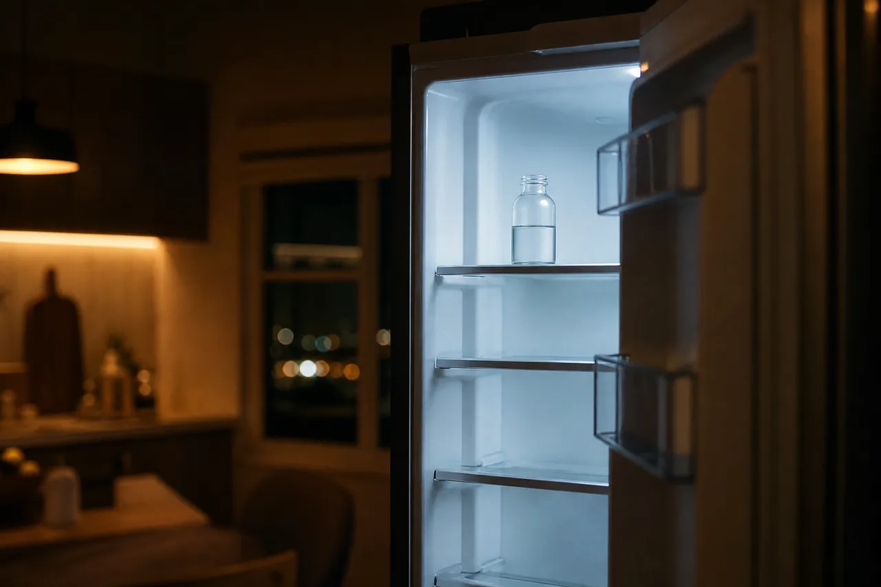 An open refrigerator casting light into a dark kitchen at night