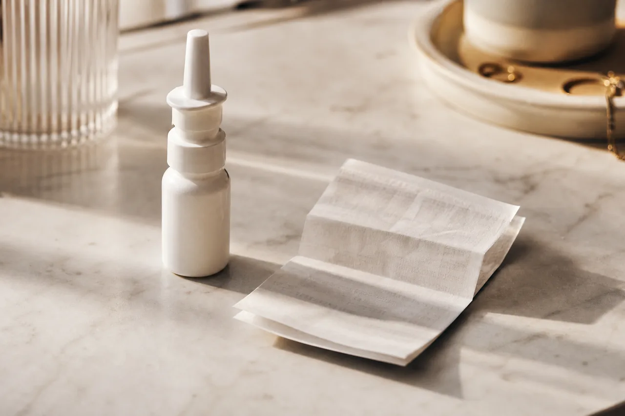 A nasal spray bottle beside a folded receipt on a marble counter