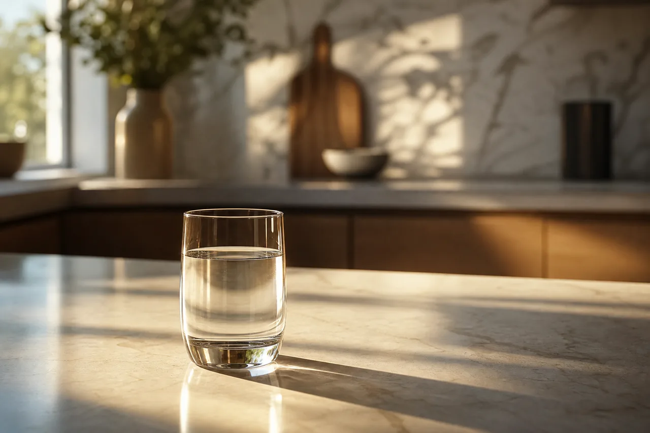 Morning light on a kitchen counter with a glass of water