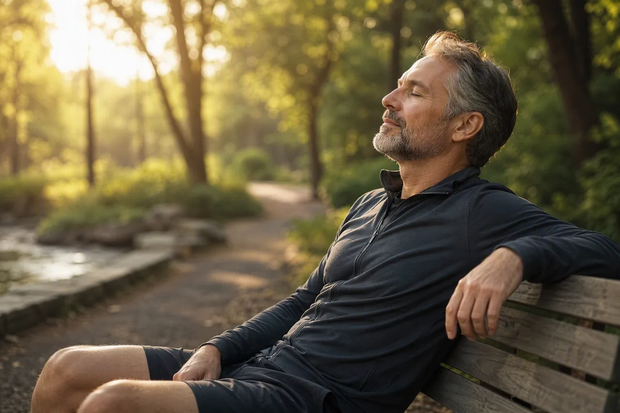 A man resting on a park bench after a walk, morning light