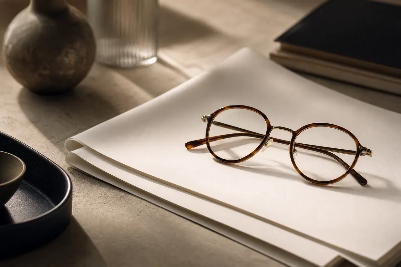 Reading glasses resting on printed instructions in soft light