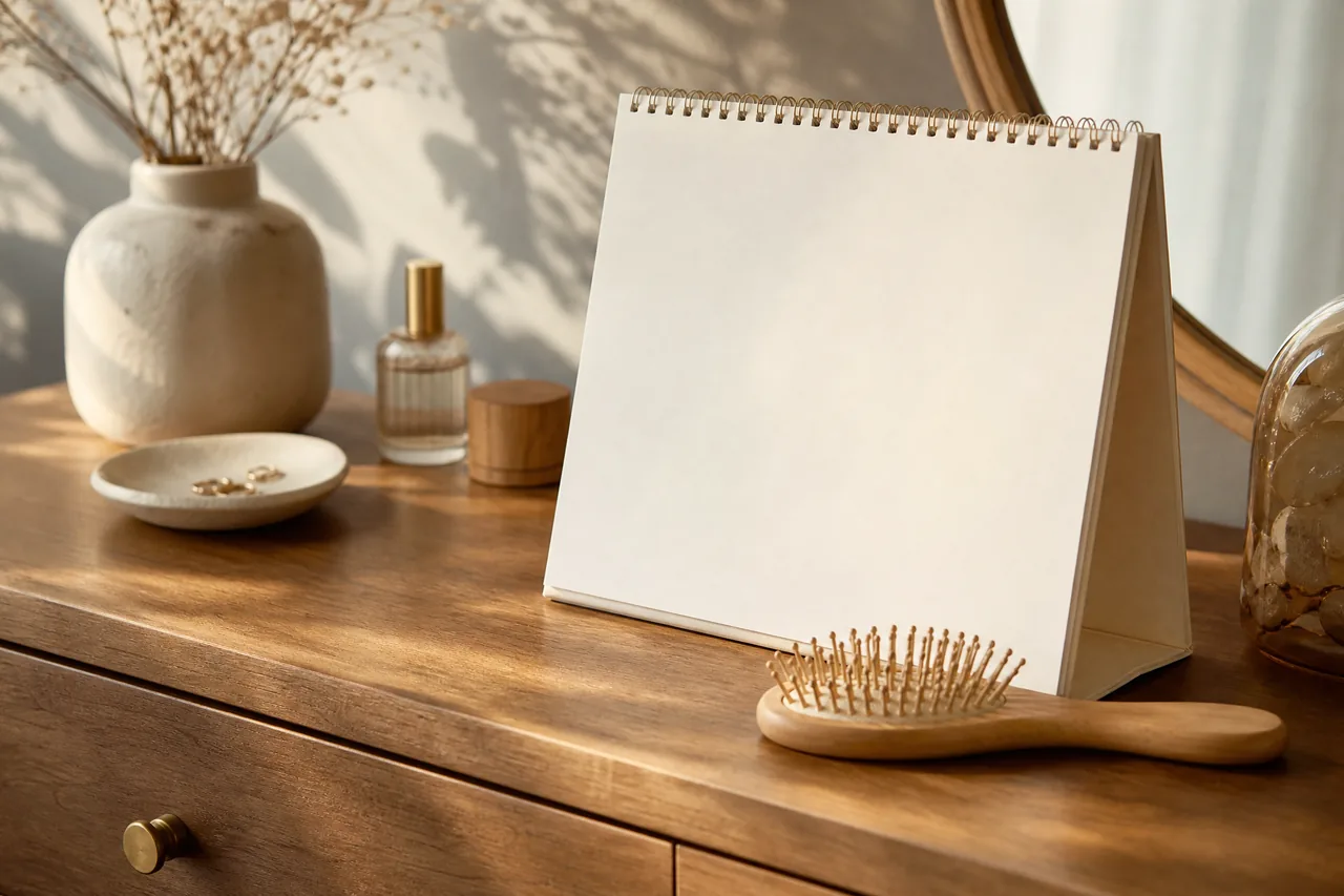 A calendar page and hairbrush on a wooden dresser
