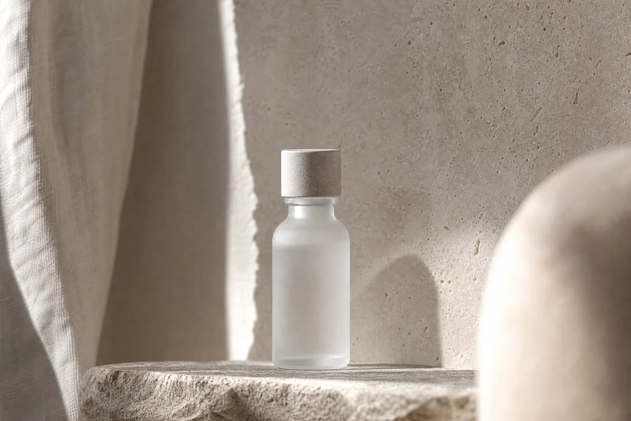 A minimalist skincare vial on a stone shelf in soft light