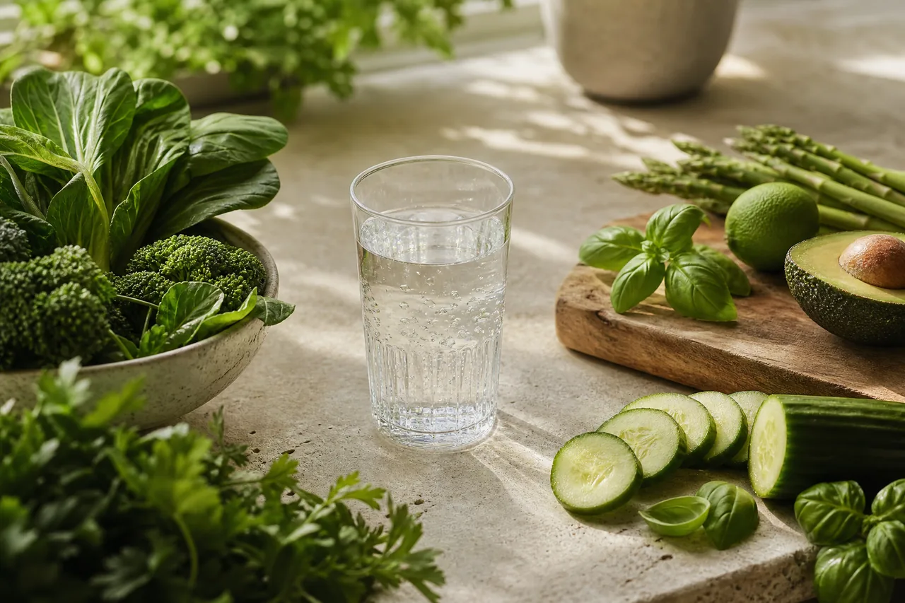 Fresh vegetables and a glass of water on a sunlit counter