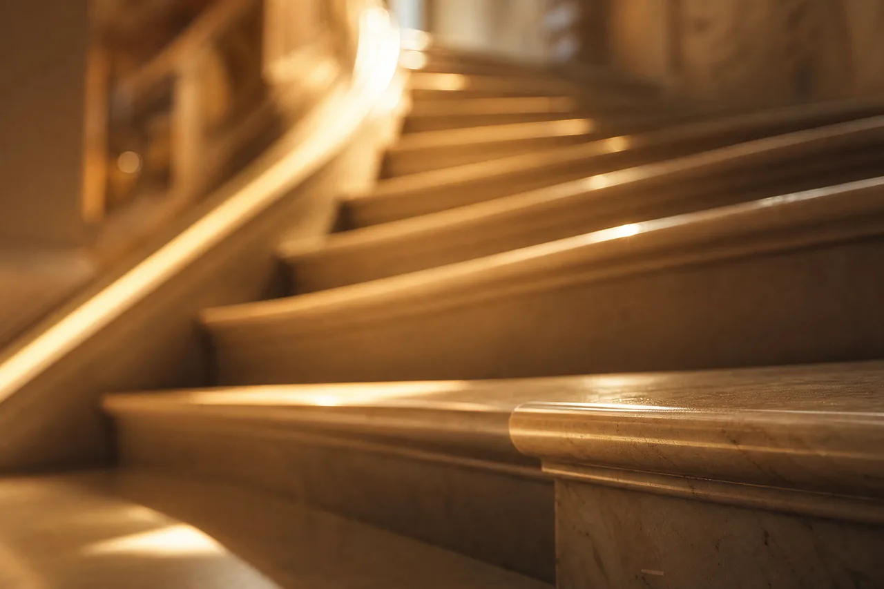 A staircase in warm light, one step in focus