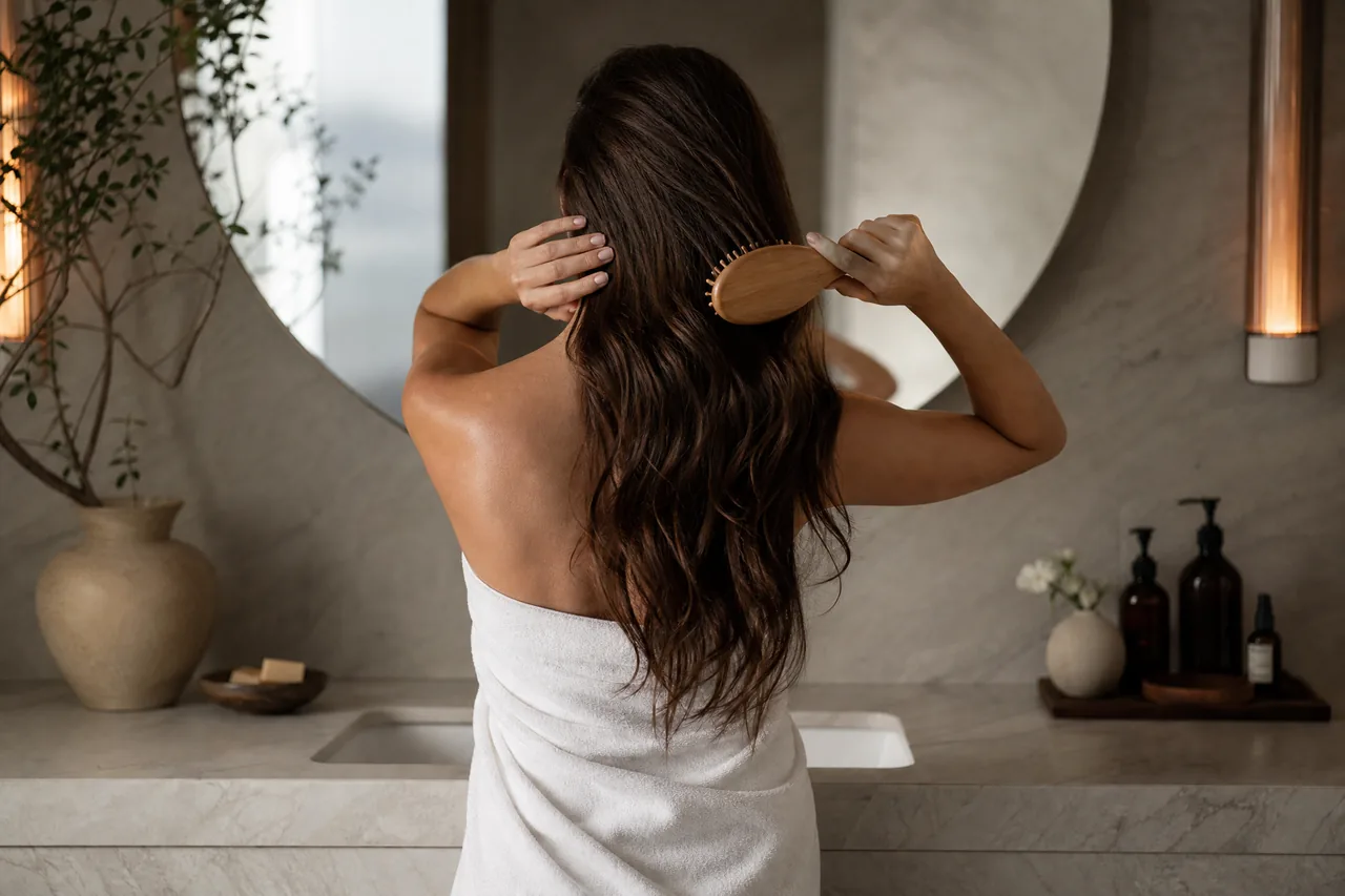 A woman brushing her hair in soft bathroom light