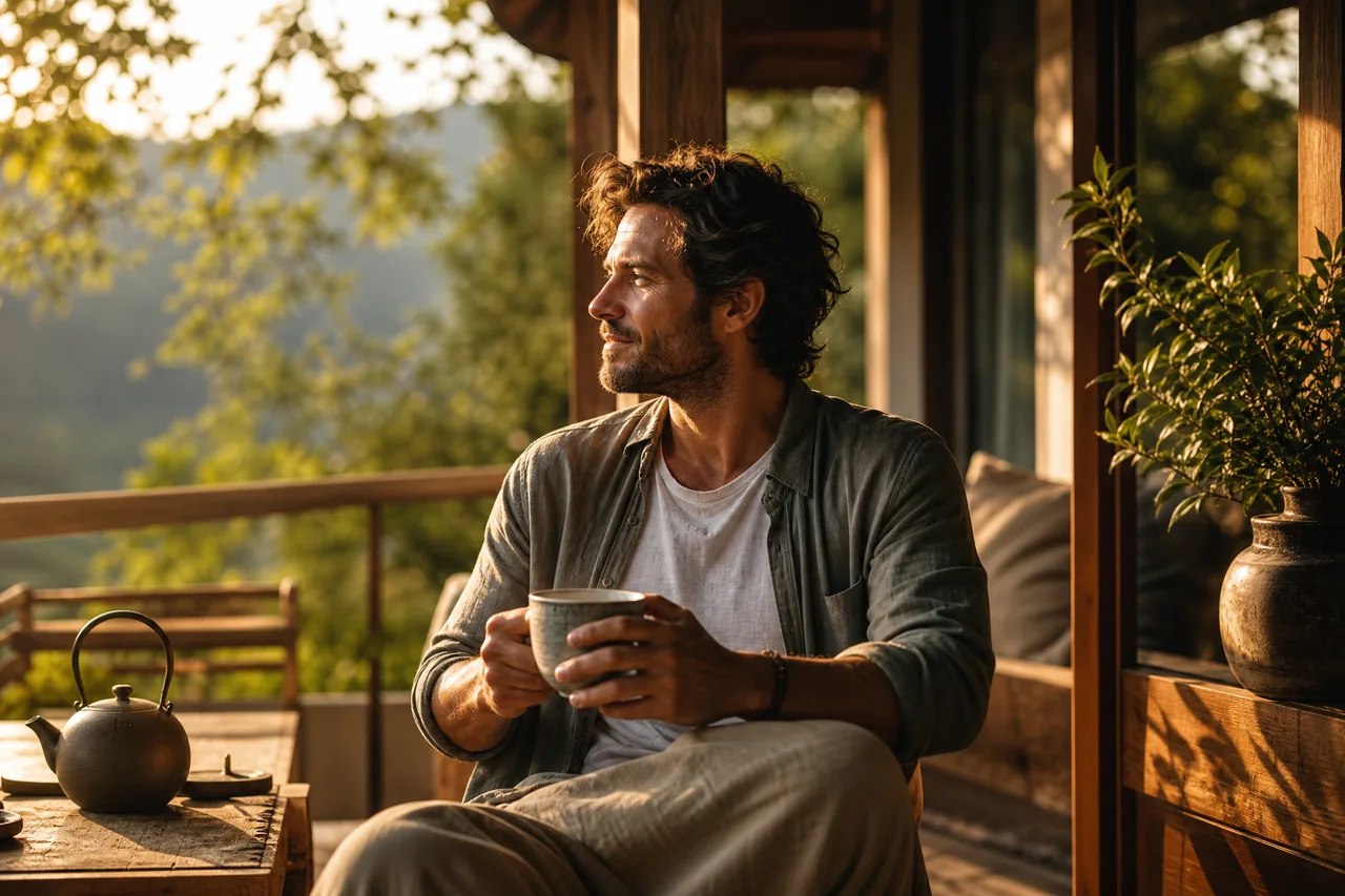 A man pausing on a sunny porch with a cup of tea