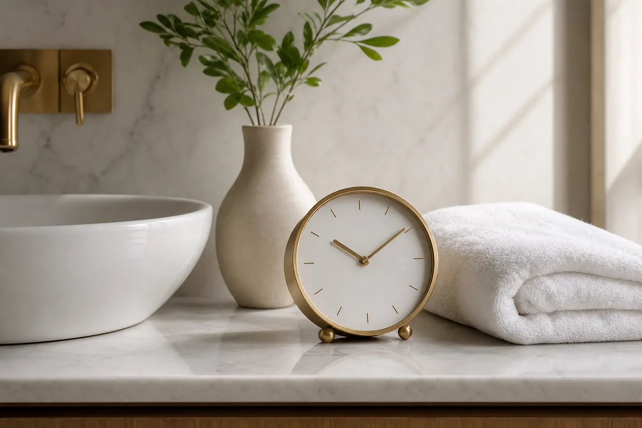 A tidy bathroom counter with a towel and small clock