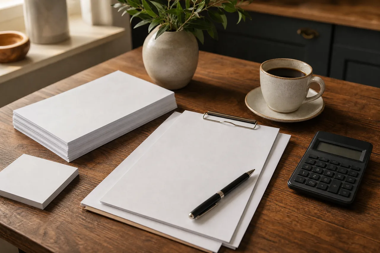 Paperwork, a calculator, and coffee on a kitchen table