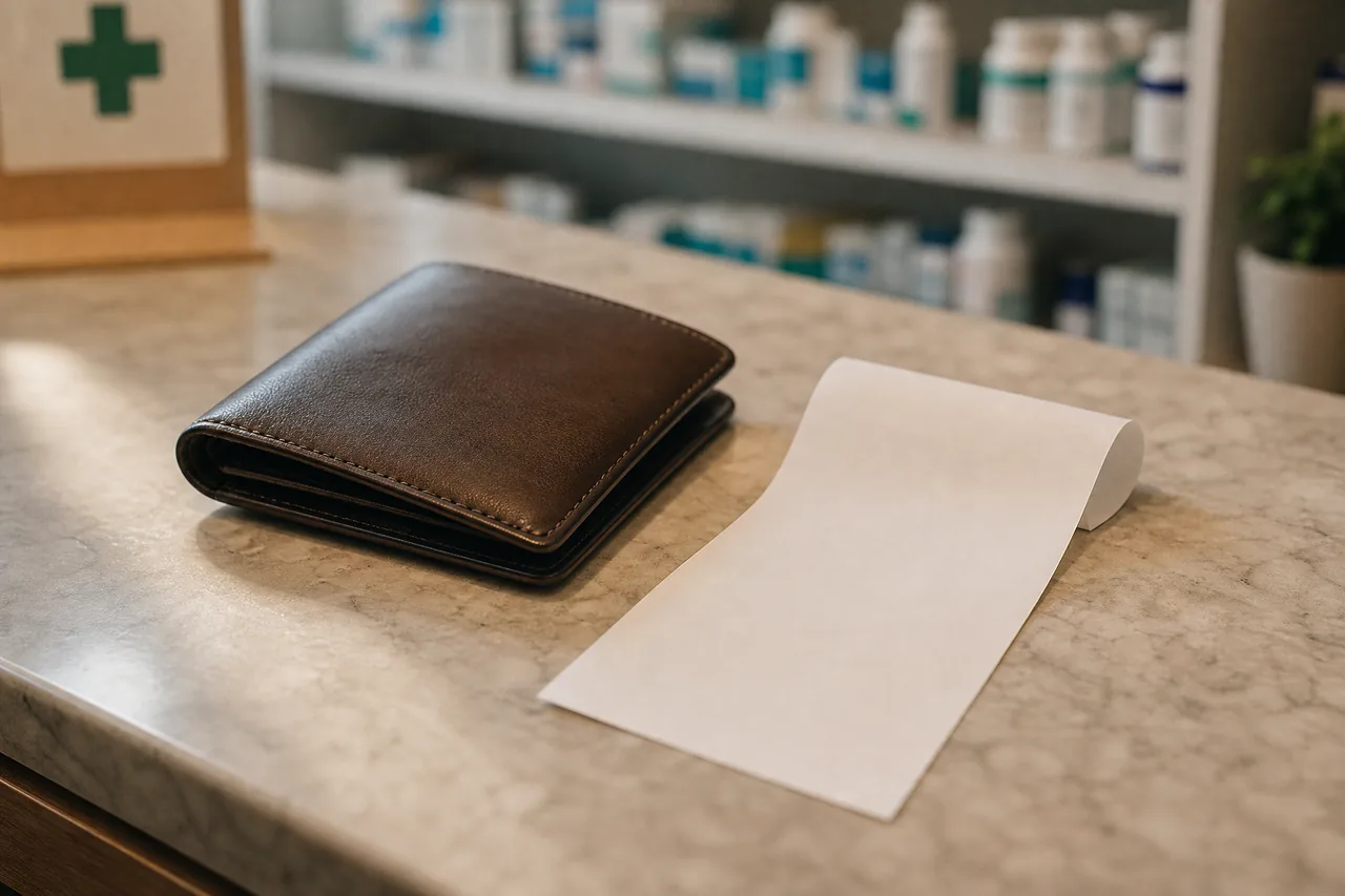 A wallet and pharmacy receipt on a counter in soft light