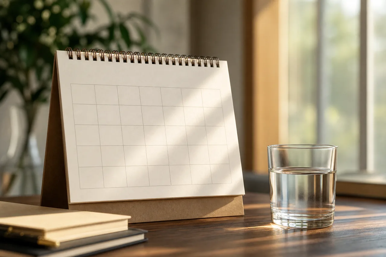 A calendar and a glass of water on a wooden desk in morning light