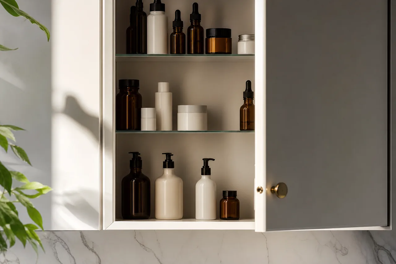 A medicine cabinet ajar with neatly arranged bottles