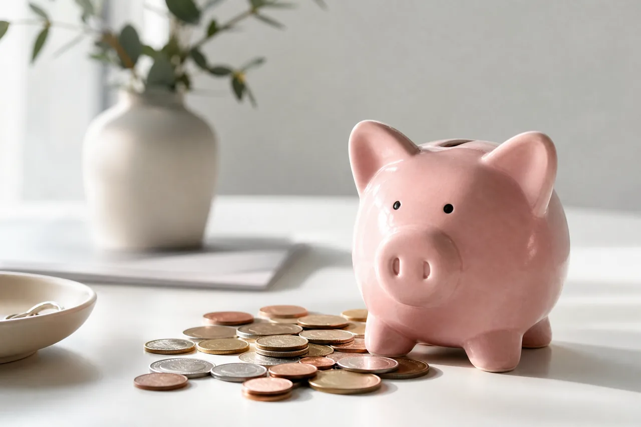 A piggy bank and loose coins on a clean white desk