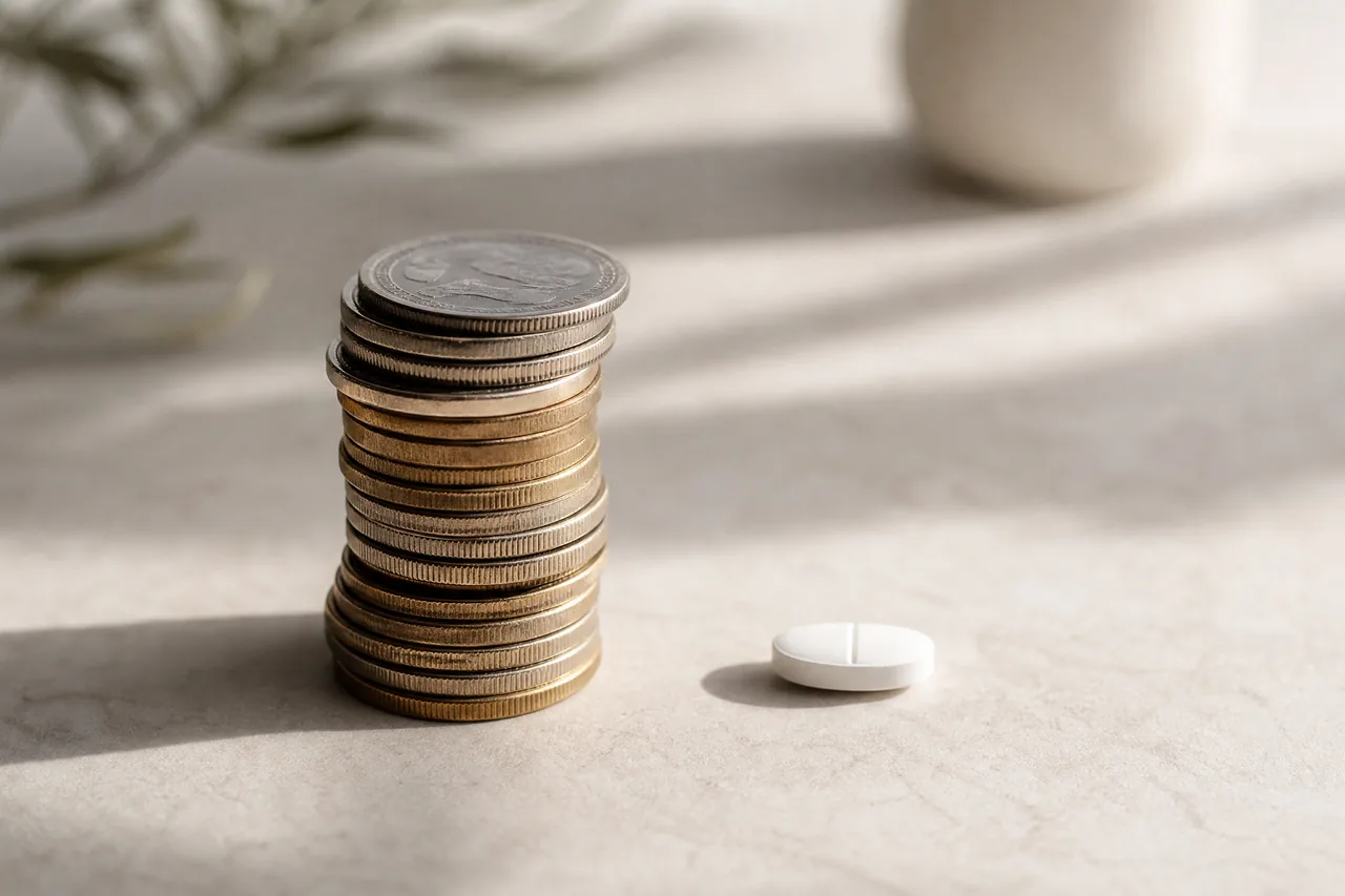 A stack of coins next to a single white tablet