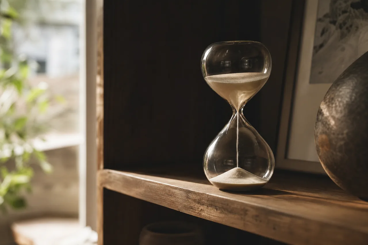 An hourglass with pale sand on a wooden shelf in warm light