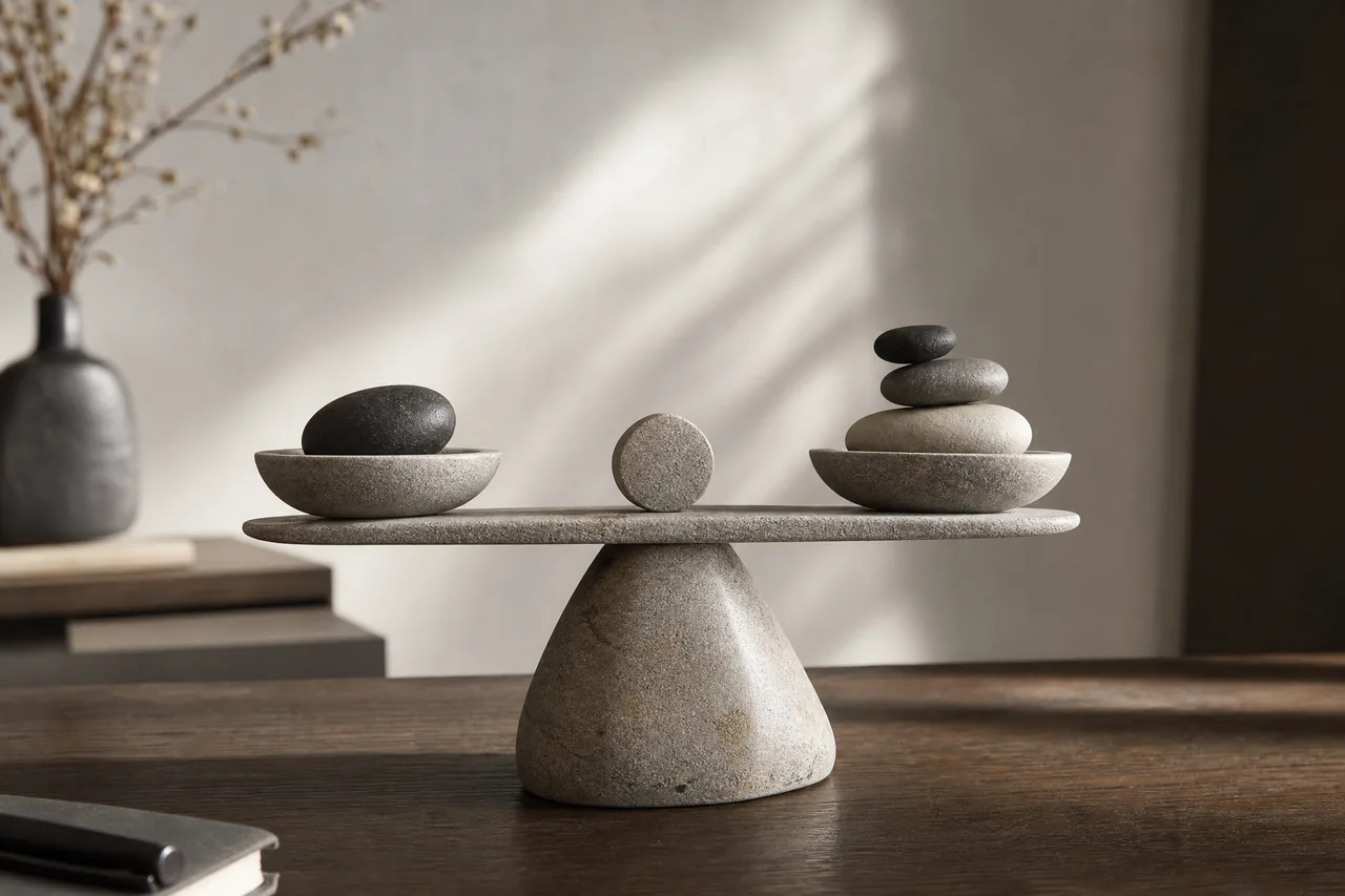 A balanced stone scale sculpture on a desk in neutral light