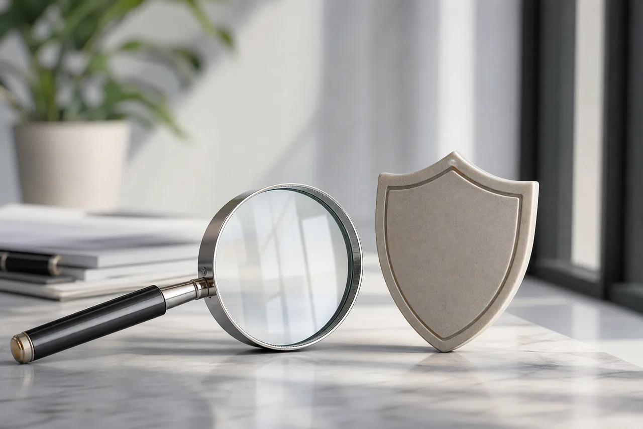 A magnifying glass and a shield-shaped paperweight on a desk