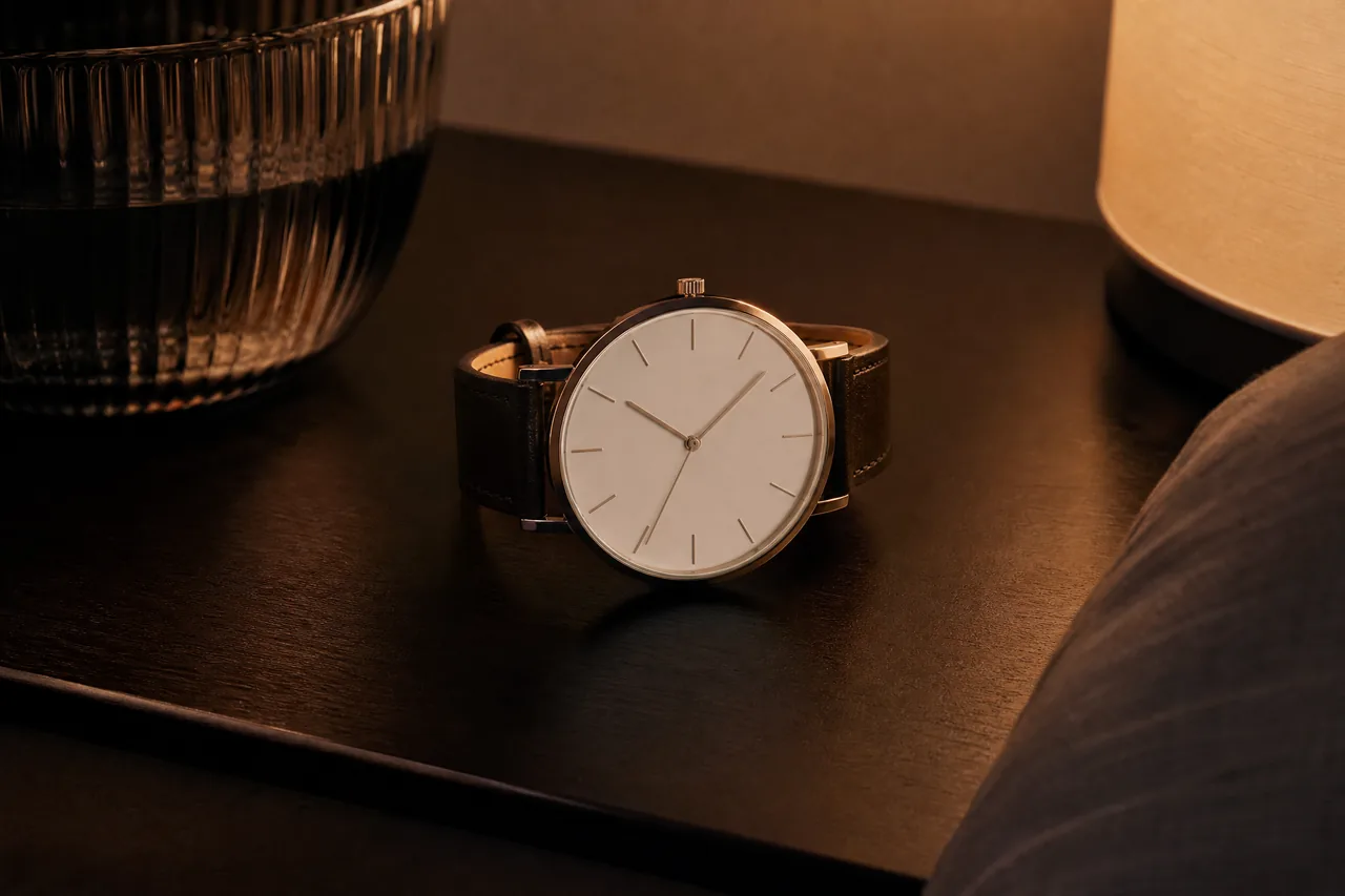 A minimalist wristwatch on a nightstand in warm evening light