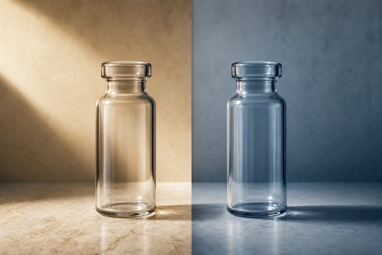 Two identical glass vials side by side in warm and cool light