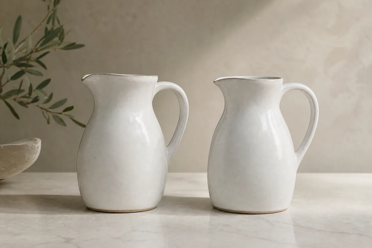 Two similar but not identical white ceramic pitchers side by side