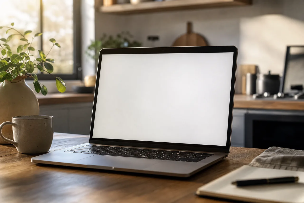A laptop with a softly glowing blank screen on a kitchen table