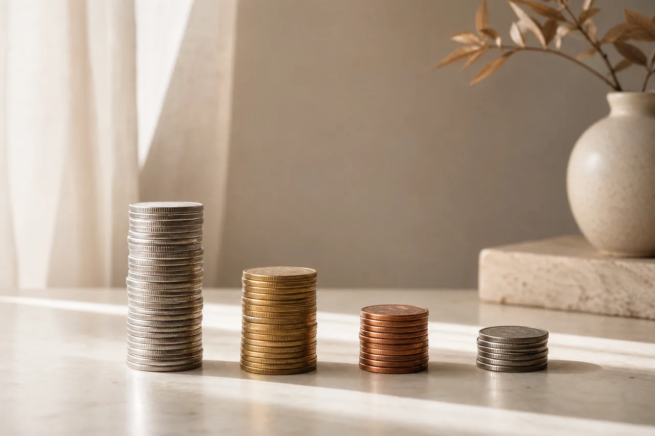 Four coin stacks of different heights in a row on a light surface