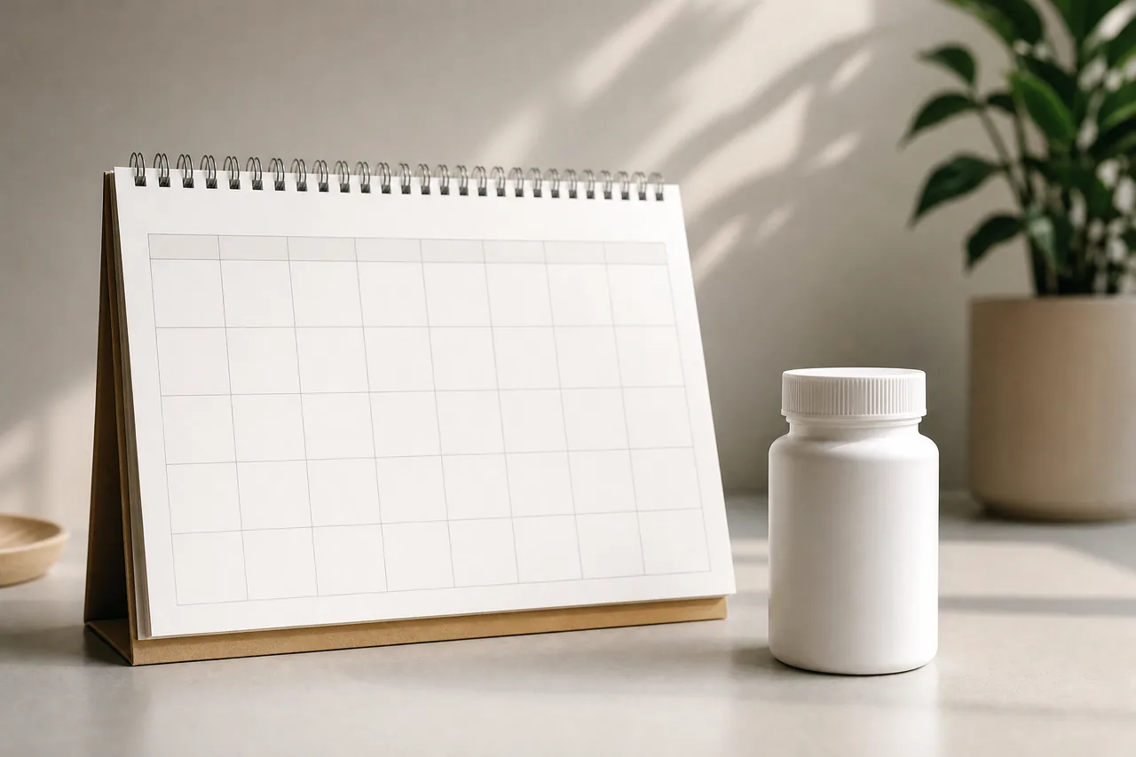 A blank wall calendar beside a plain unlabeled pill bottle on a desk