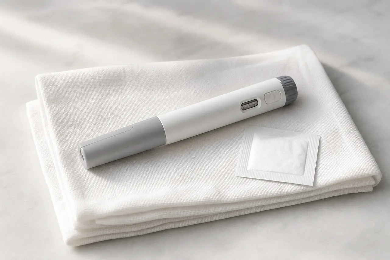 An unlabeled injection pen on a folded white cloth beside an alcohol swab