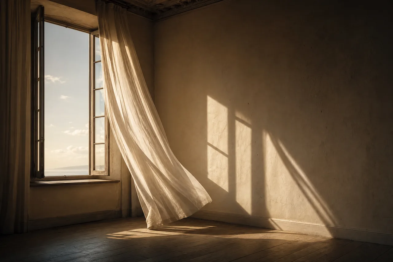 Linen curtains drifting in long afternoon light across a bare wall