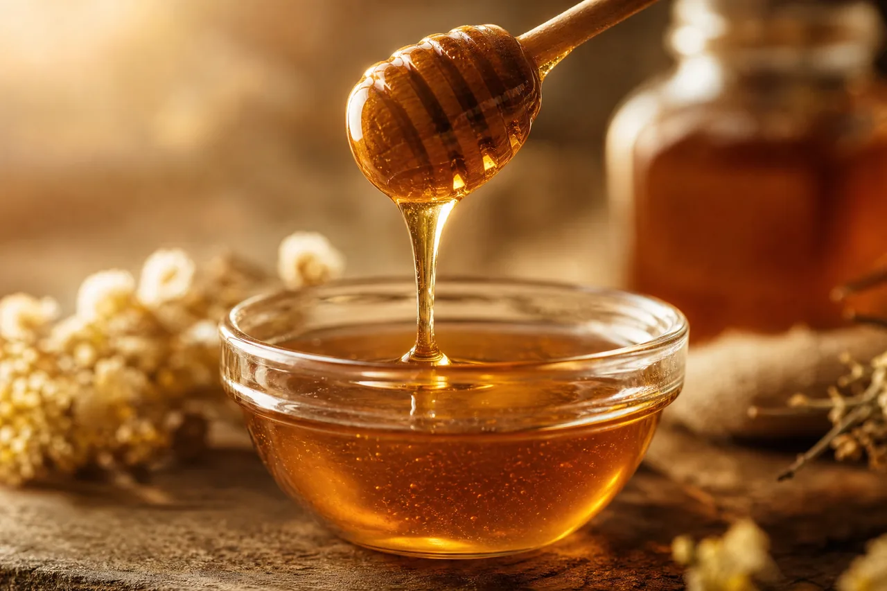 Warm honey drizzling slowly from a wooden dipper into a glass bowl