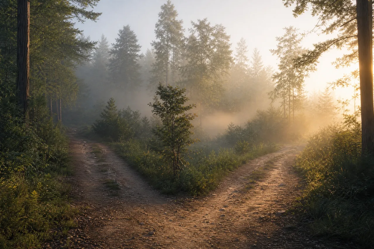 A fork in a woodland trail at dawn with mist between the routes