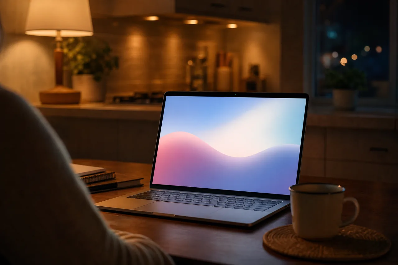 A laptop glowing softly on a kitchen table at night beside a mug