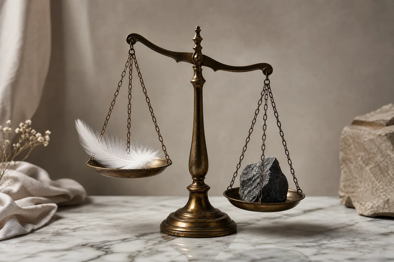 An antique brass balance scale on a marble surface in neutral light