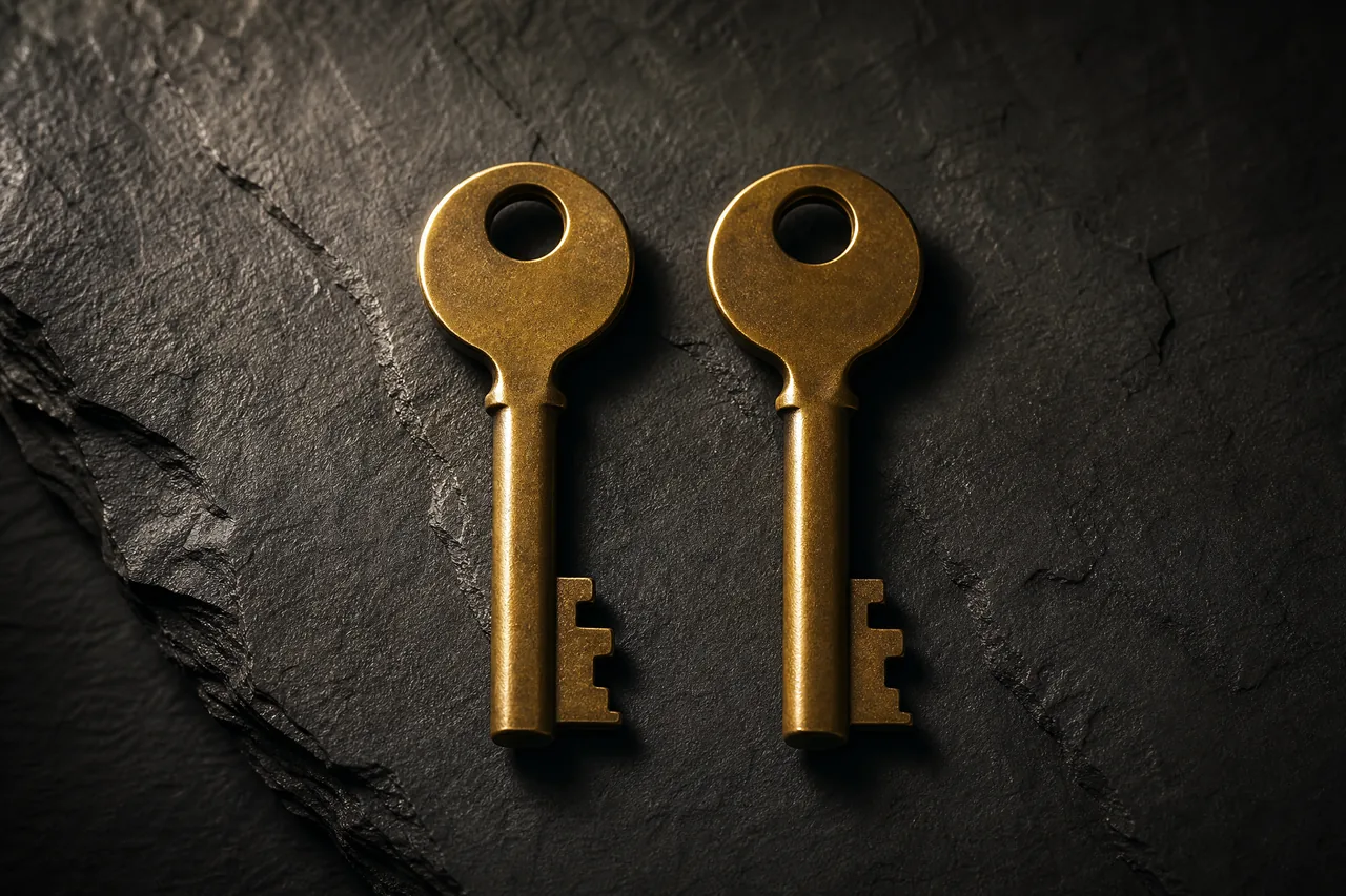 Two brass keys side by side on dark slate with subtly different notches