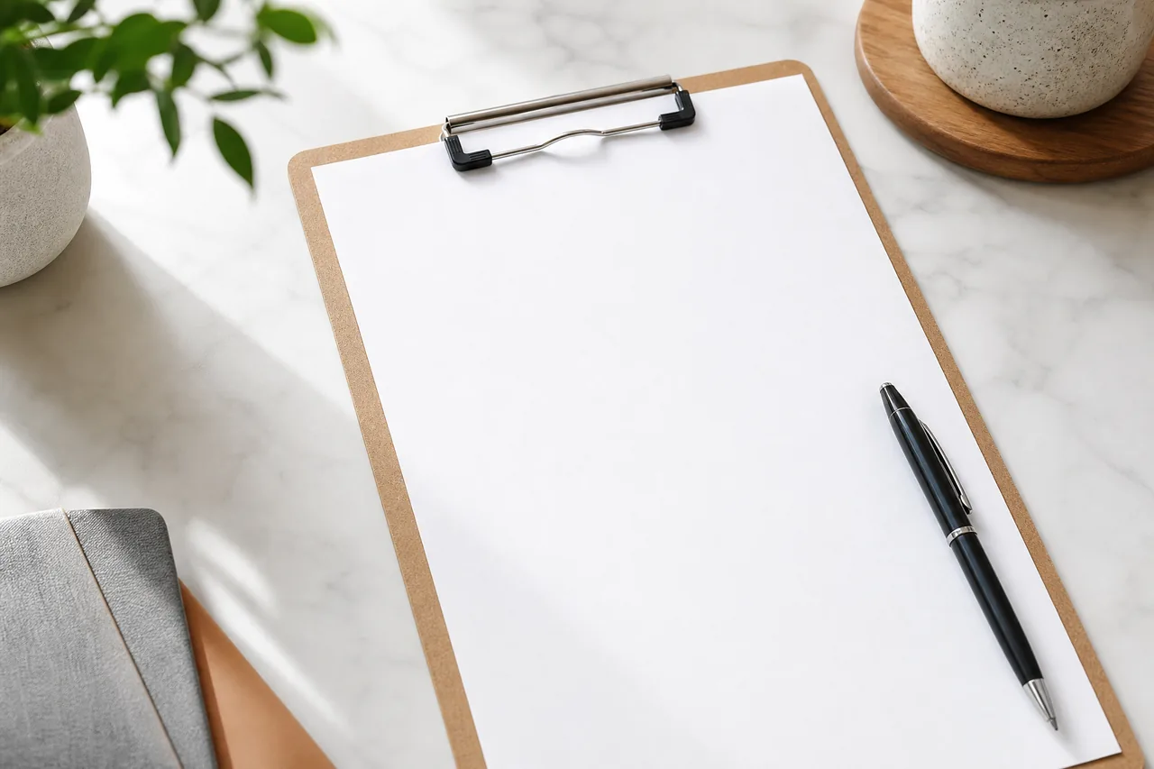 A clipboard with a blank checklist page and a pen on a clean desk