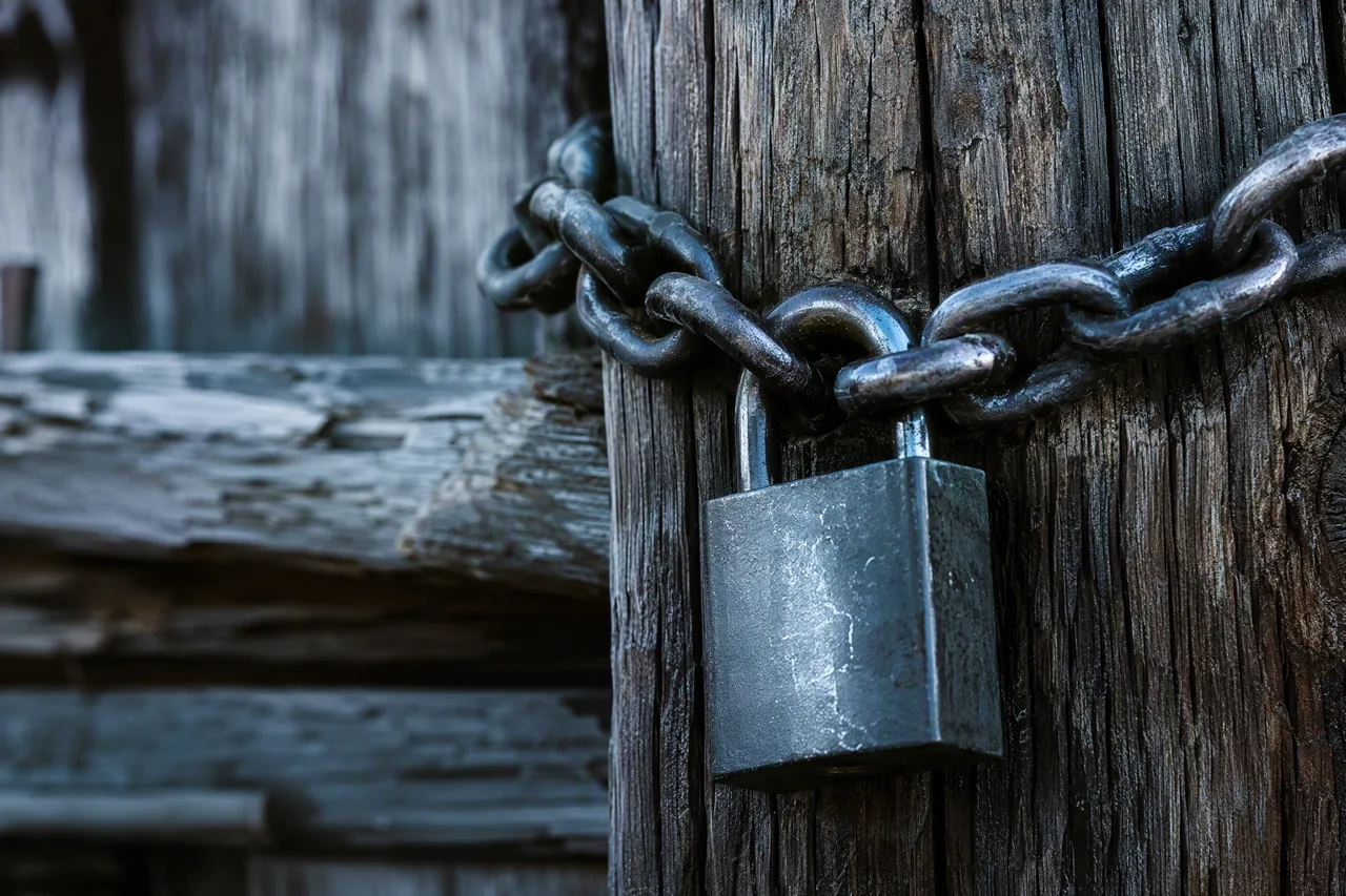 A sturdy padlock and chain resting on weathered wood in cool daylight