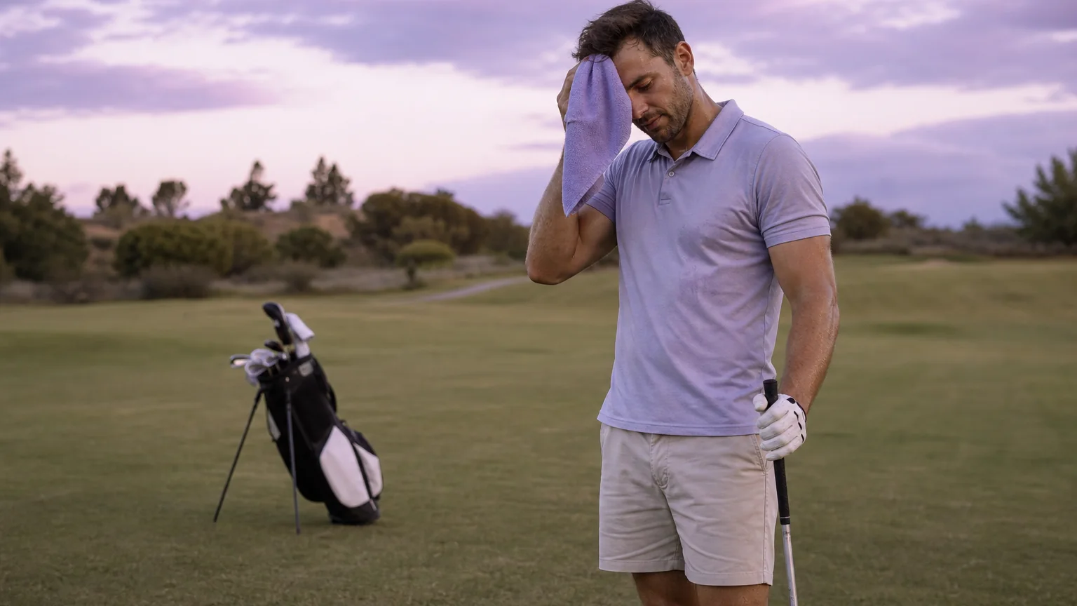 A man on a golf course at dusk wiping sweat from his forehead with a purple towel, the everyday side of telehealth for weight loss.