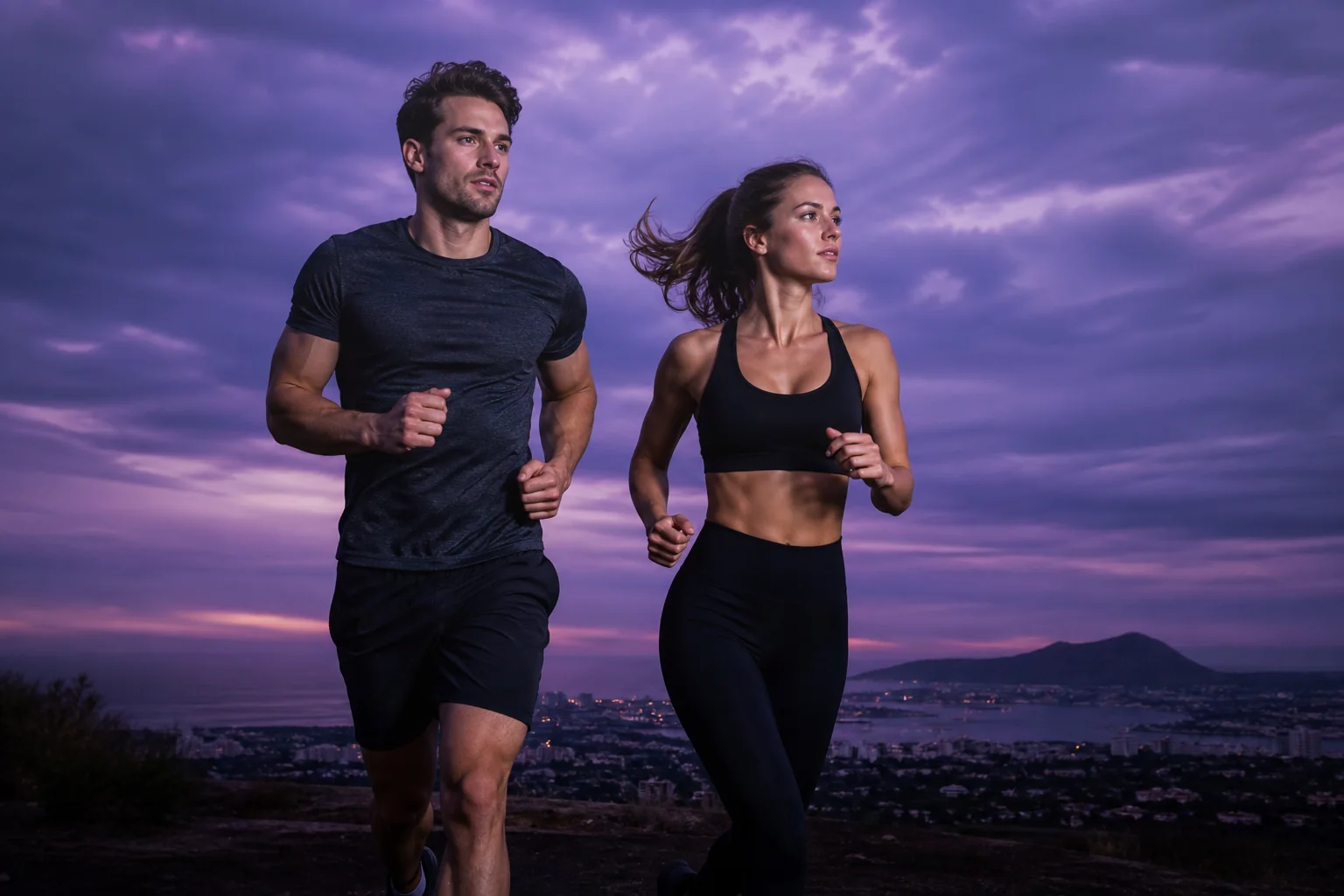 A fit man and woman running together at dusk under purple clouds, the everyday side of telehealth for weight loss.