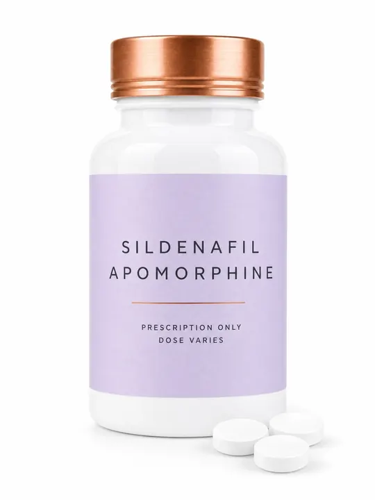 Sildenafil and apomorphine bottle with lavender label