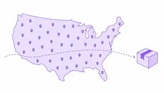 Map of the United States with delivery pins and a shipping parcel, showing PinwellRx nationwide telehealth delivery where permitted