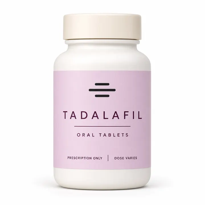Tadalafil bottle with deep plum label