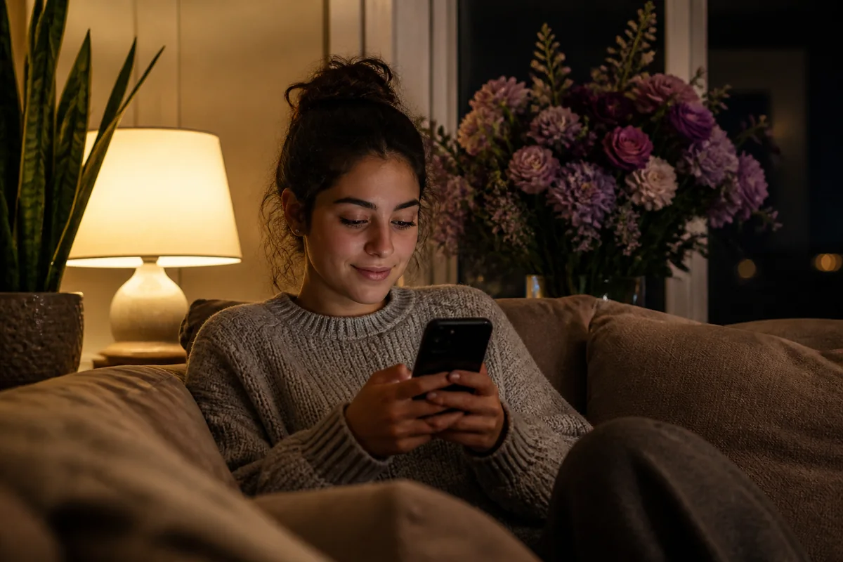 Woman completing her intake on her phone at home, purple flowers in the background.