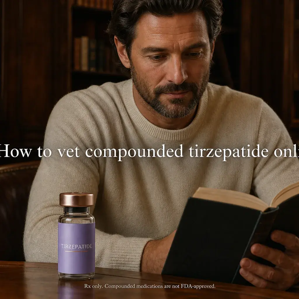 Person reviewing a medication label to check compounded semaglutide ingredients and dosing, PinwellRx.